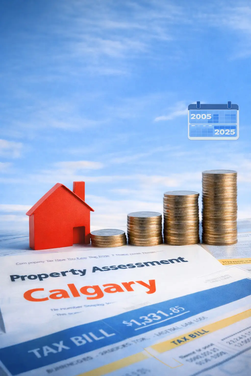 Calgary property tax over time with coins and house illustration