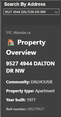 Property overview card for a Calgary apartment in Dalhousie, showing community, property type, year built, and roll number.