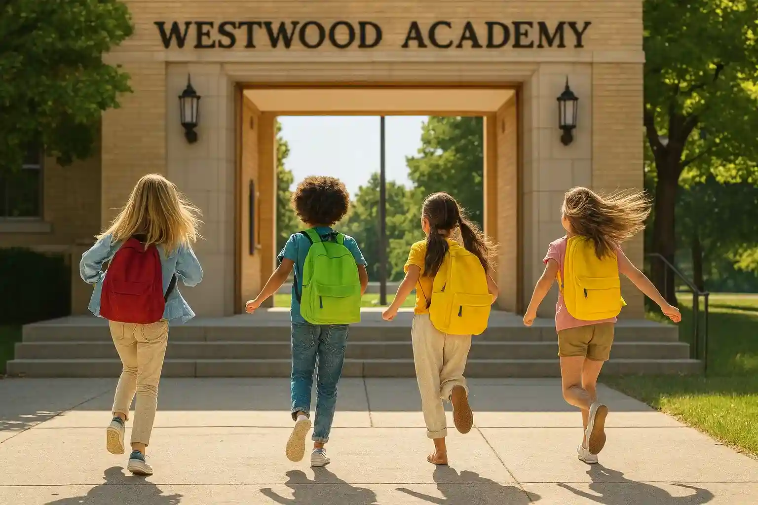 Children walking down a school hallway with backpacks
