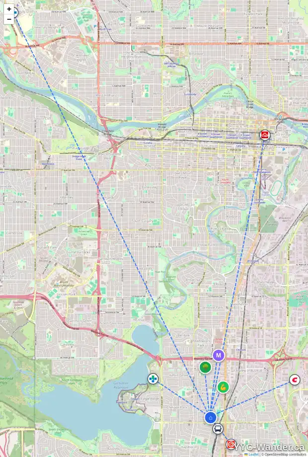 Daily accessibility map for 8219 4A ST SW, Calgary showing nearby schools, grocery stores, parks, LRT stations and nearby amenities