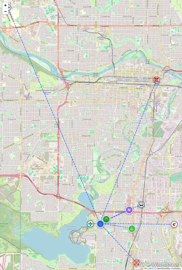 Daily accessibility map for 7244 KANANASKIS DR SW, Calgary showing nearby schools, grocery stores, parks, LRT stations and nearby amenities