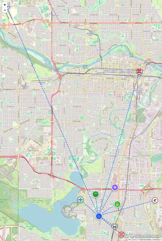 Daily accessibility map for 95 CHEROVAN DR SW, Calgary showing nearby schools, grocery stores, parks, LRT stations and nearby amenities