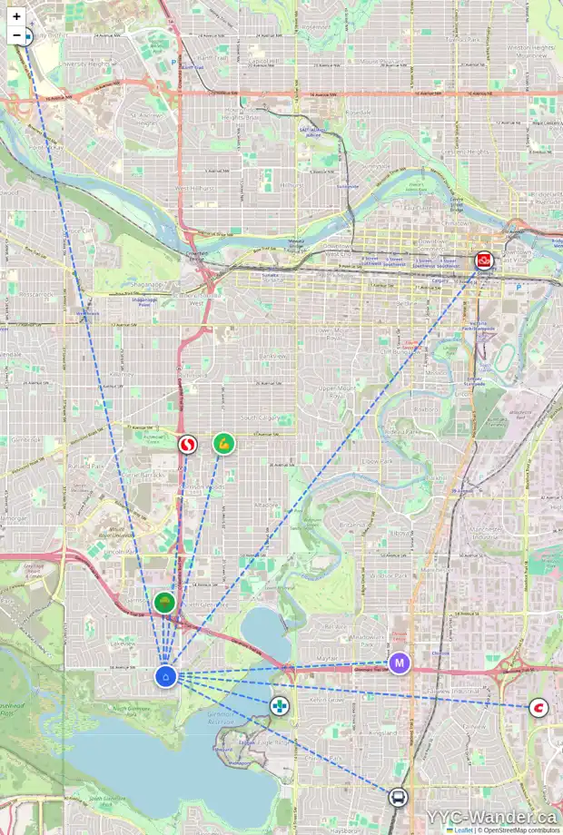 Daily accessibility map for 6712 LARCH CO SW, Calgary showing nearby schools, grocery stores, parks, LRT stations and nearby amenities