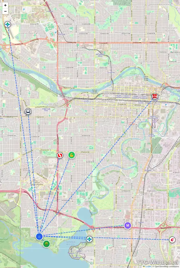 Daily accessibility map for 3055 LINDEN DR SW, Calgary showing nearby schools, grocery stores, parks, LRT stations and nearby amenities
