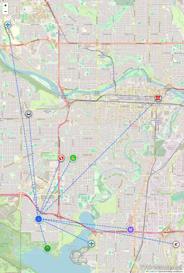 Daily accessibility map for 3407 LANE CR SW, Calgary showing nearby schools, grocery stores, parks, LRT stations and nearby amenities