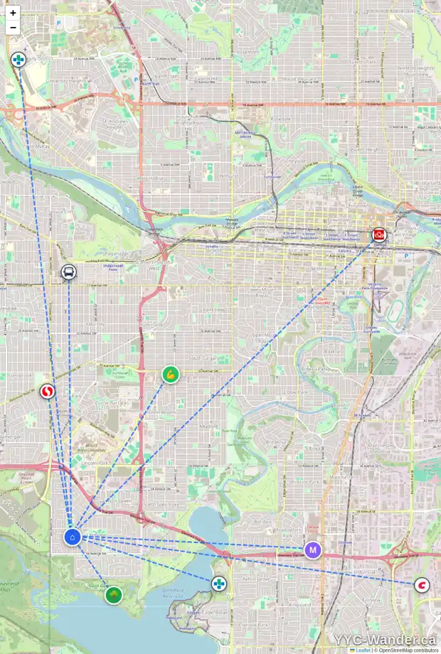 Daily accessibility map for 6236 LEWIS DR SW, Calgary showing nearby schools, grocery stores, parks, LRT stations and nearby amenities