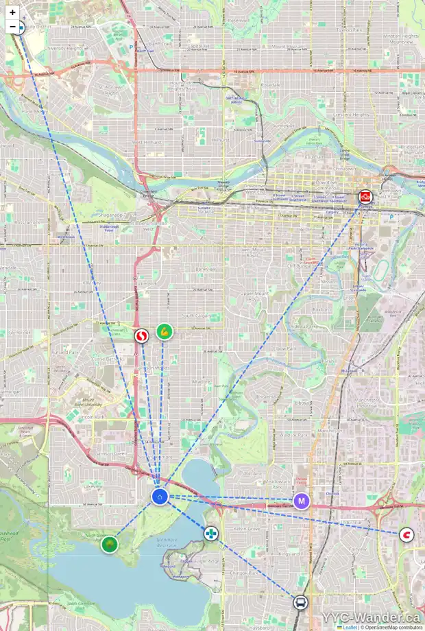 Daily accessibility map for 2264 LONGRIDGE DR SW, Calgary showing nearby schools, grocery stores, parks, LRT stations and nearby amenities