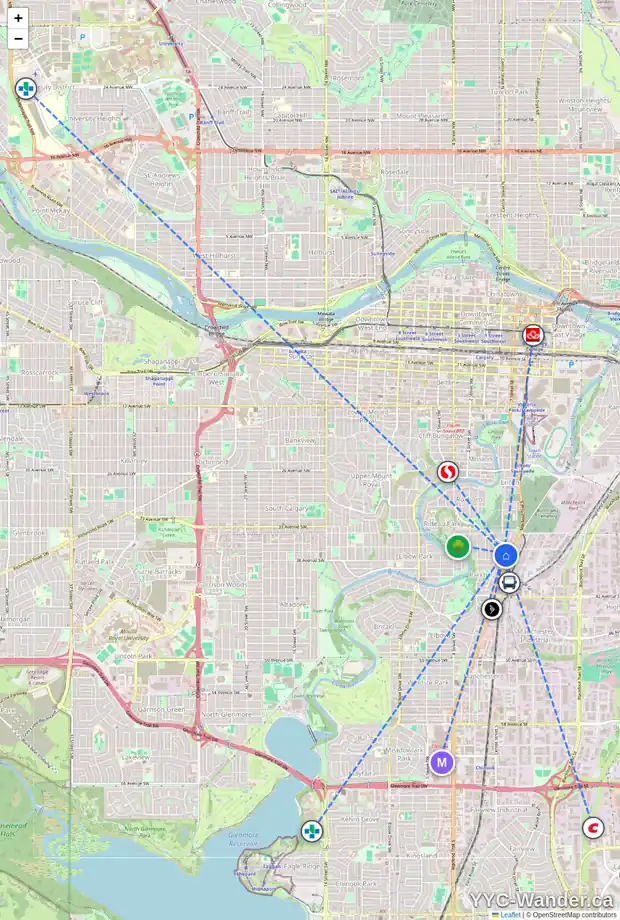 Daily accessibility map for 3816 PARKHILL PL SW, Calgary showing nearby schools, grocery stores, parks, LRT stations and nearby amenities