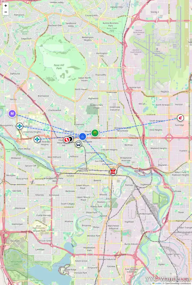 Daily accessibility map for 1208 17 AV NW, Calgary showing nearby schools, grocery stores, parks, LRT stations and nearby amenities
