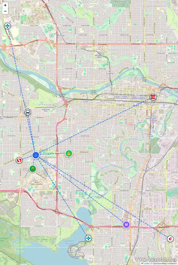Daily accessibility map for 3111 34 AV SW, Calgary showing nearby schools, grocery stores, parks, LRT stations and nearby amenities
