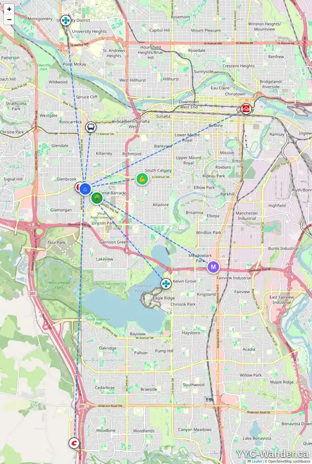 Daily accessibility map for 3748 36 AV SW, Calgary showing nearby schools, grocery stores, parks, LRT stations and nearby amenities