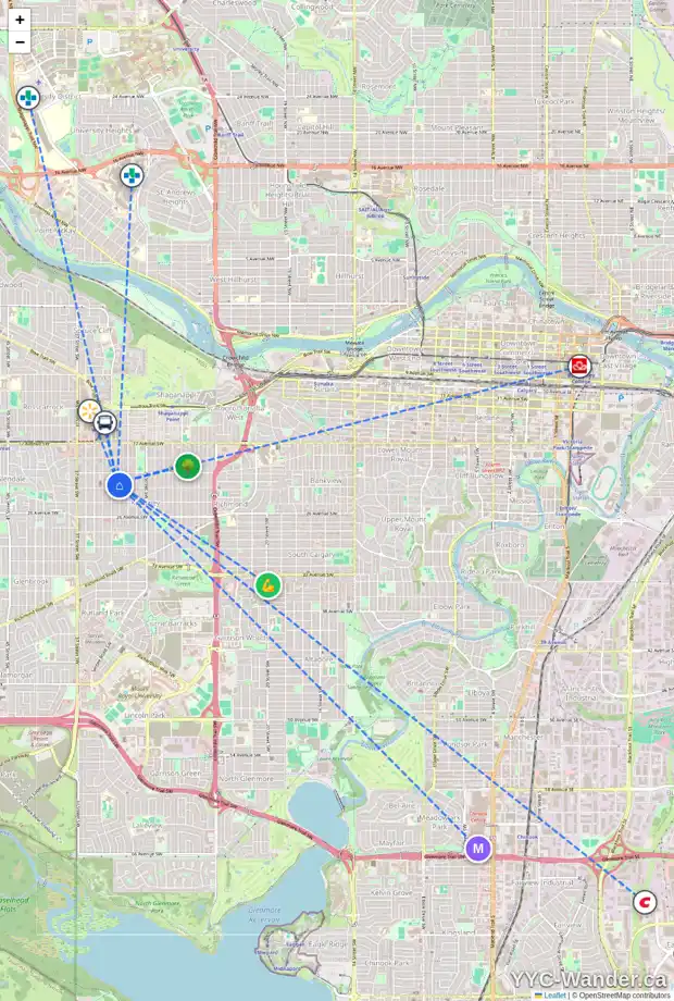 Daily accessibility map for 2229 32 ST SW, Calgary showing nearby schools, grocery stores, parks, LRT stations and nearby amenities