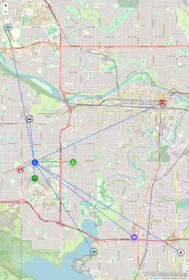 Daily accessibility map for 3216 34 AV SW, Calgary showing nearby schools, grocery stores, parks, LRT stations and nearby amenities