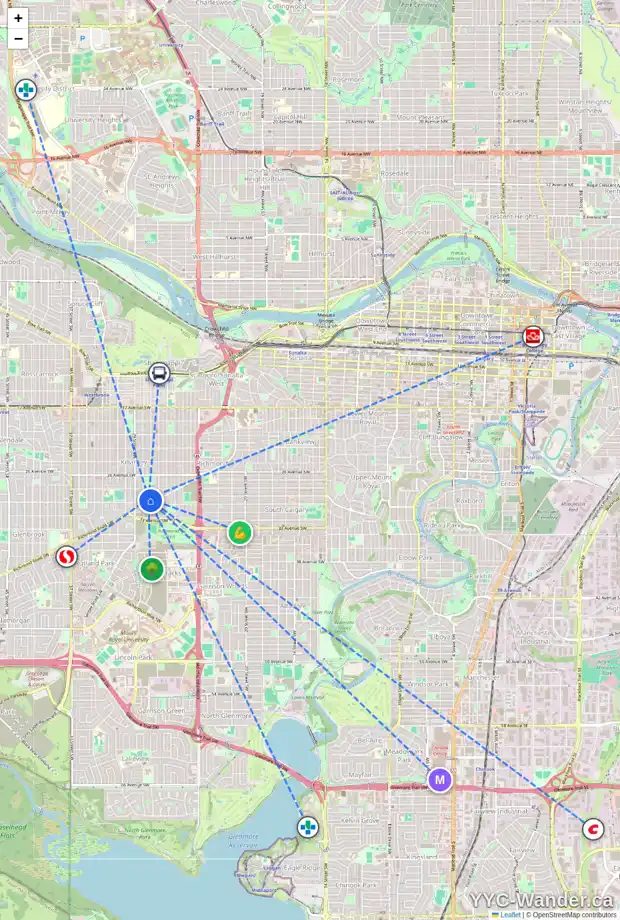 Daily accessibility map for 3033 27 ST SW, Calgary showing nearby schools, grocery stores, parks, LRT stations and nearby amenities
