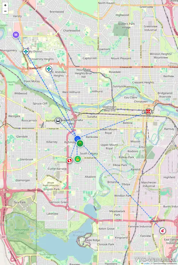 Daily accessibility map for 2308 RICHMOND RD SW, Calgary showing nearby schools, grocery stores, parks, LRT stations and nearby amenities