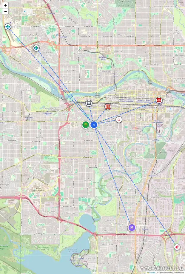 Daily accessibility map for 1830 15 ST SW, Calgary showing nearby schools, grocery stores, parks, LRT stations and nearby amenities