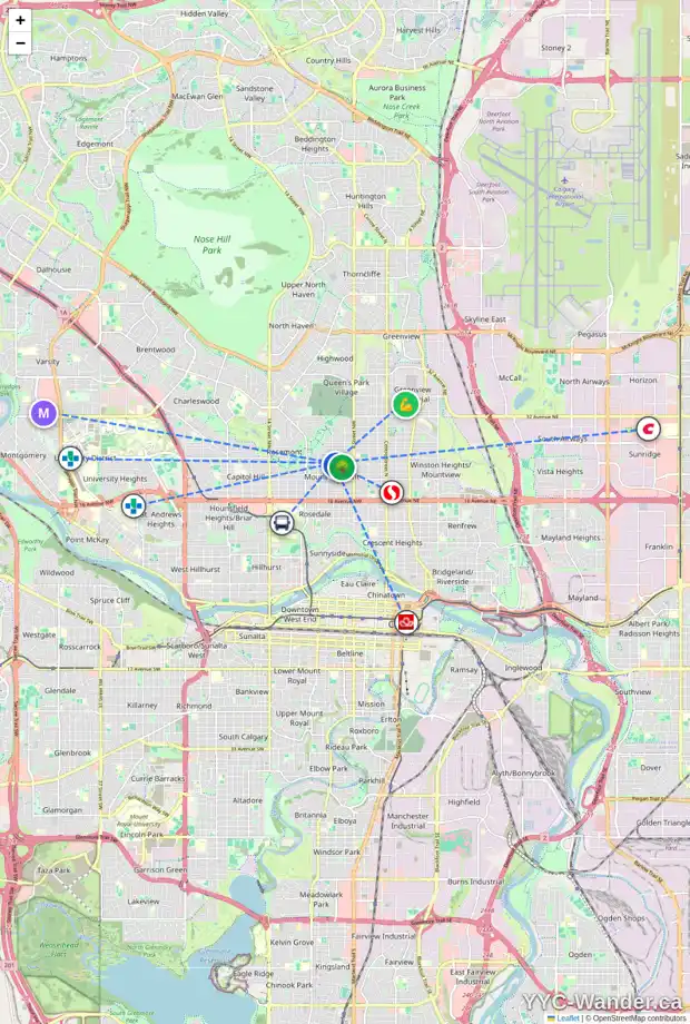 Daily accessibility map for 708 23 AV NW, Calgary showing nearby schools, grocery stores, parks, LRT stations and nearby amenities