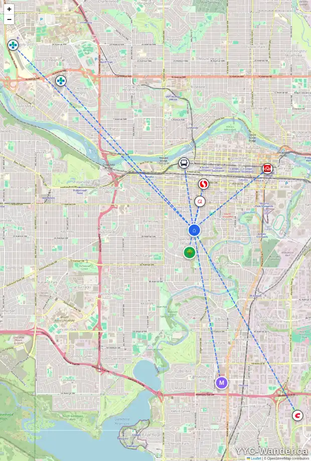 Daily accessibility map for 1005 PROSPECT AV SW, Calgary showing nearby schools, grocery stores, parks, LRT stations and nearby amenities