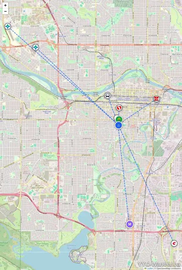 Daily accessibility map for 827 19 AV SW, Calgary showing nearby schools, grocery stores, parks, LRT stations and nearby amenities