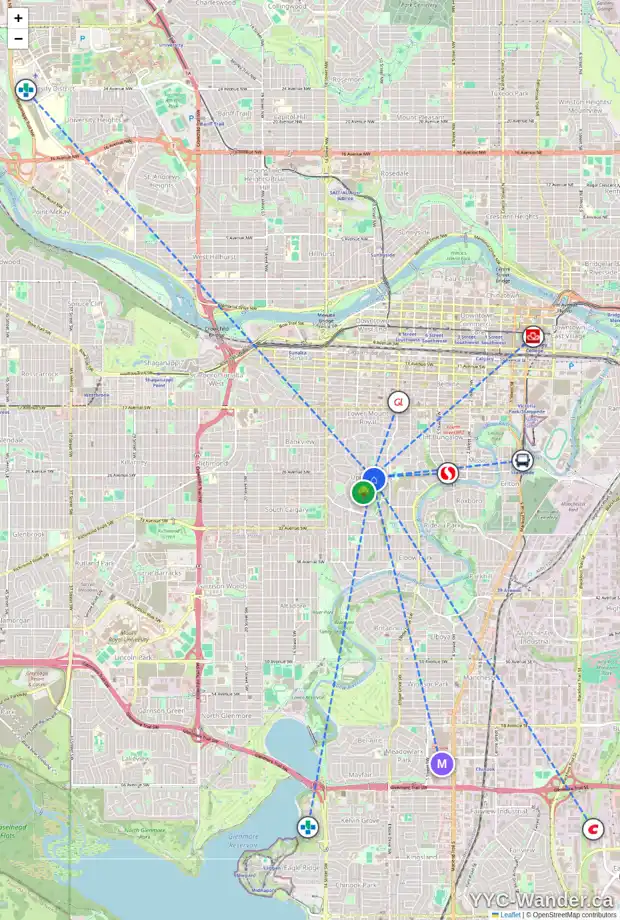 Daily accessibility map for 1100 FRONTENAC AV SW, Calgary showing nearby schools, grocery stores, parks, LRT stations and nearby amenities