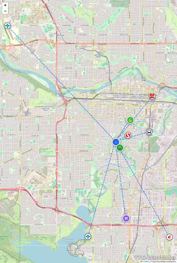 Daily accessibility map for 3011 6 ST SW, Calgary showing nearby schools, grocery stores, parks, LRT stations and nearby amenities