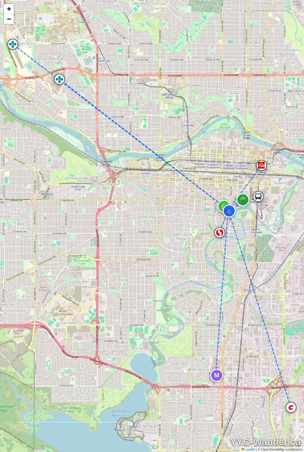 Daily accessibility map for 312 20 AV SW, Calgary showing nearby schools, grocery stores, parks, LRT stations and nearby amenities