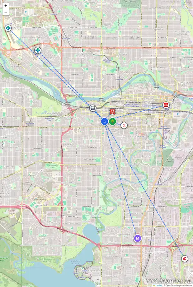 Daily accessibility map for 1331 14 AV SW, Calgary showing nearby schools, grocery stores, parks, LRT stations and nearby amenities