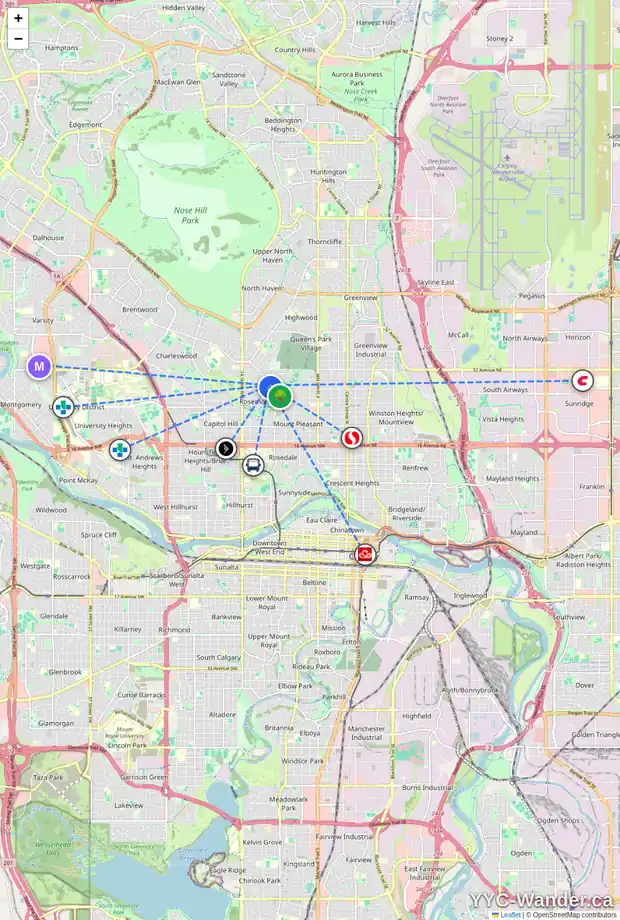 Daily accessibility map for 1211 ROSEHILL DR NW, Calgary showing nearby schools, grocery stores, parks, LRT stations and nearby amenities
