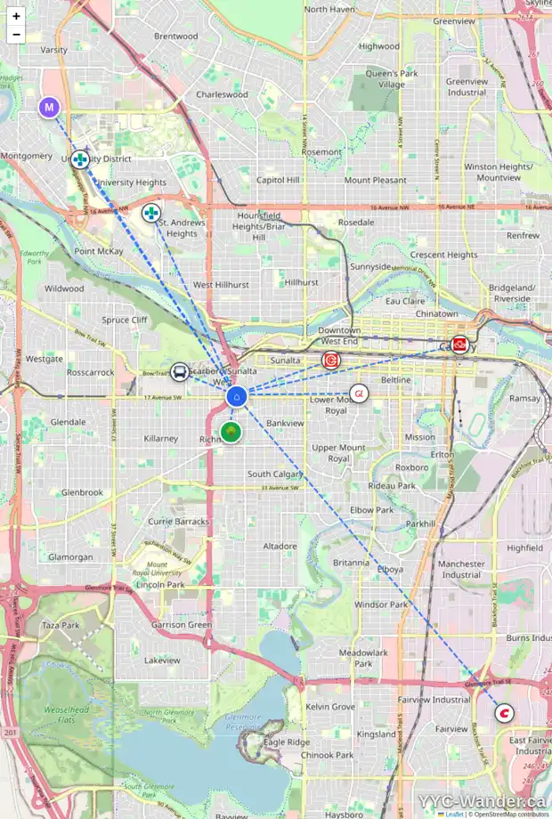 Daily accessibility map for 1619 SUMMIT ST SW, Calgary showing nearby schools, grocery stores, parks, LRT stations and nearby amenities