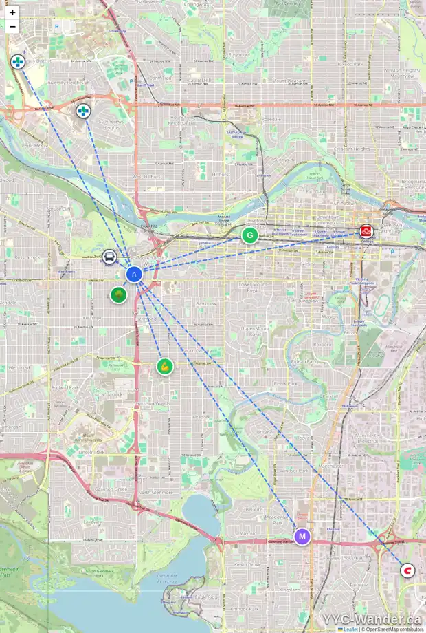 Daily accessibility map for 1716 24A ST SW, Calgary showing nearby schools, grocery stores, parks, LRT stations and nearby amenities