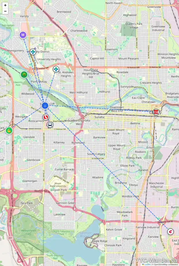 Daily accessibility map for 428 37 ST SW, Calgary showing nearby schools, grocery stores, parks, LRT stations and nearby amenities