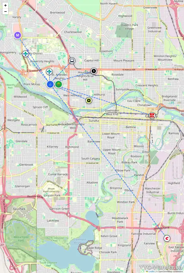 Daily accessibility map for 923 33 ST NW, Calgary showing nearby schools, grocery stores, parks, LRT stations and nearby amenities