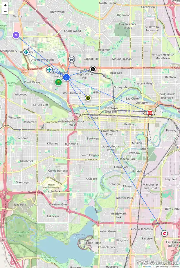 Daily accessibility map for 1310 HAMILTON ST NW, Calgary showing nearby schools, grocery stores, parks, LRT stations and nearby amenities