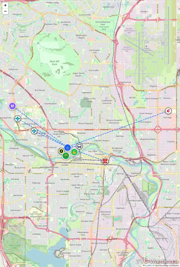 Daily accessibility map for 318 16 ST NW, Calgary showing nearby schools, grocery stores, parks, LRT stations and nearby amenities