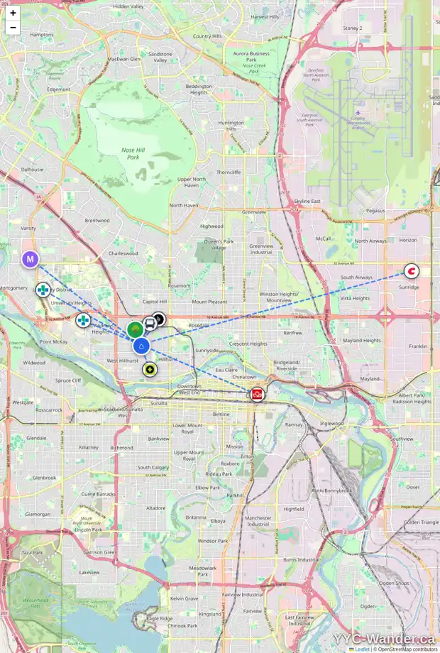 Daily accessibility map for 2020 7 AV NW, Calgary showing nearby schools, grocery stores, parks, LRT stations and nearby amenities