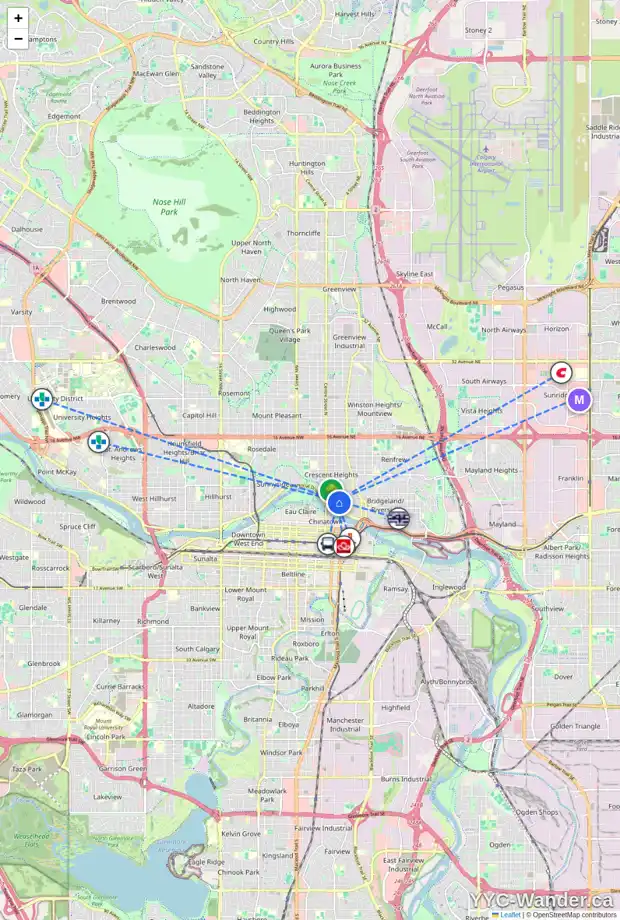 Daily accessibility map for 220 2 AV NE, Calgary showing nearby schools, grocery stores, parks, LRT stations and nearby amenities