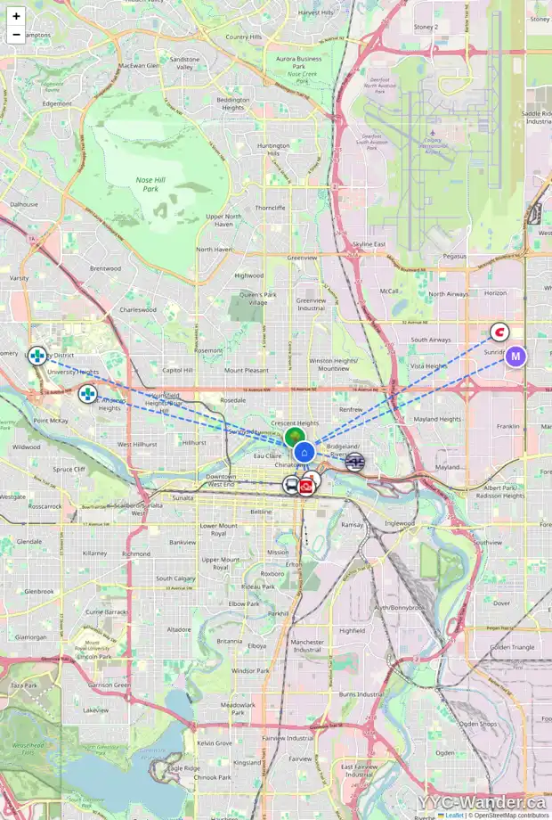Daily accessibility map for 3C 215 2 ST NE, Calgary showing nearby schools, grocery stores, parks, LRT stations and nearby amenities