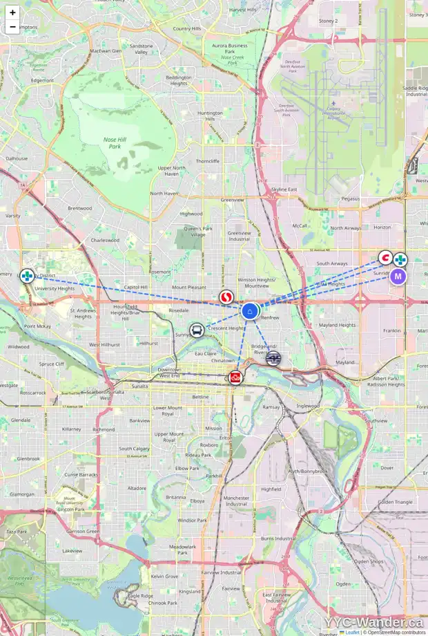 Daily accessibility map for 535 14 AV NE, Calgary showing nearby schools, grocery stores, parks, LRT stations and nearby amenities