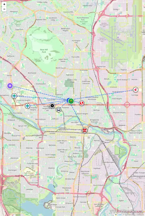 Daily accessibility map for 730 20 AV NW, Calgary showing nearby schools, grocery stores, parks, LRT stations and nearby amenities