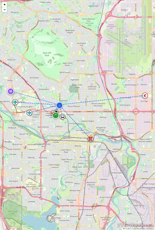 Daily accessibility map for 1515 22 AV NW, Calgary showing nearby schools, grocery stores, parks, LRT stations and nearby amenities