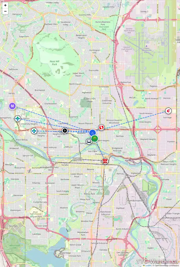 Daily accessibility map for 1418 4 ST NW, Calgary showing nearby schools, grocery stores, parks, LRT stations and nearby amenities