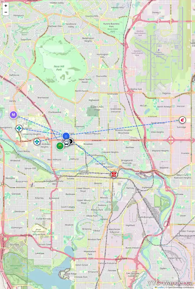 Daily accessibility map for 2004 18 ST NW, Calgary showing nearby schools, grocery stores, parks, LRT stations and nearby amenities