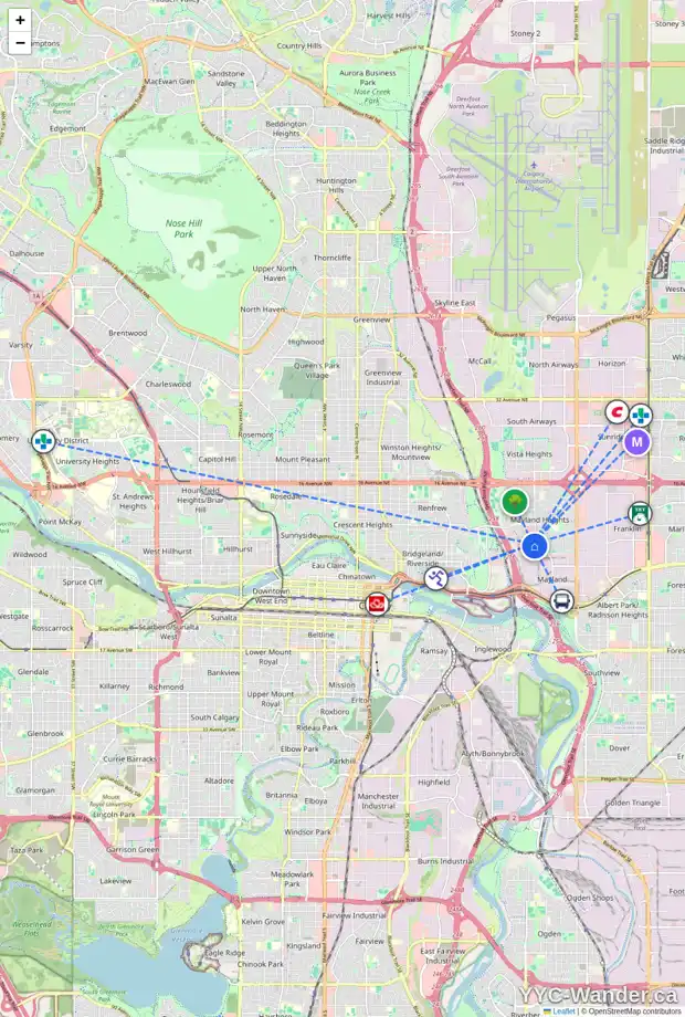 Daily accessibility map for 520 MEOTA RD NE, Calgary showing nearby schools, grocery stores, parks, LRT stations and nearby amenities