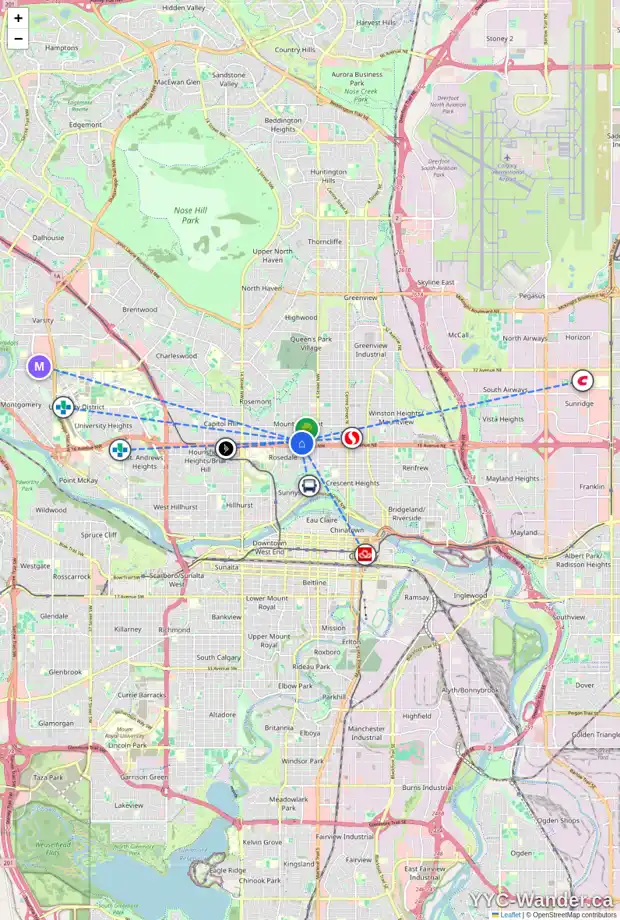 Daily accessibility map for 705 17 AV NW, Calgary showing nearby schools, grocery stores, parks, LRT stations and nearby amenities