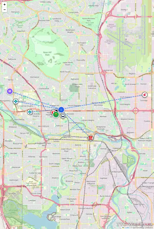 Daily accessibility map for 1426 17 AV NW, Calgary showing nearby schools, grocery stores, parks, LRT stations and nearby amenities