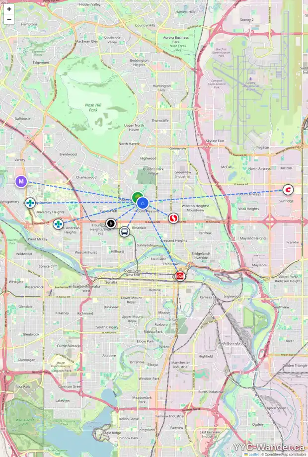 Daily accessibility map for 828 24 AV NW, Calgary showing nearby schools, grocery stores, parks, LRT stations and nearby amenities