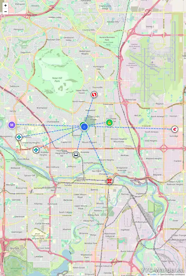 Daily accessibility map for 3215 9 ST NW, Calgary showing nearby schools, grocery stores, parks, LRT stations and nearby amenities