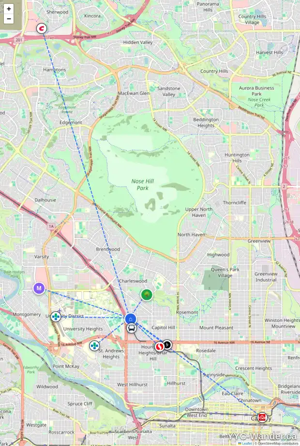 Daily accessibility map for 2463 23 ST NW, Calgary showing nearby schools, grocery stores, parks, LRT stations and nearby amenities