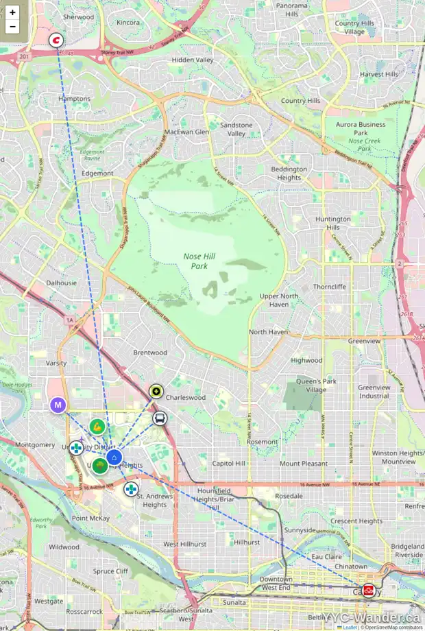 Daily accessibility map for 3512 UNDERHILL DR NW, Calgary showing nearby schools, grocery stores, parks, LRT stations and nearby amenities