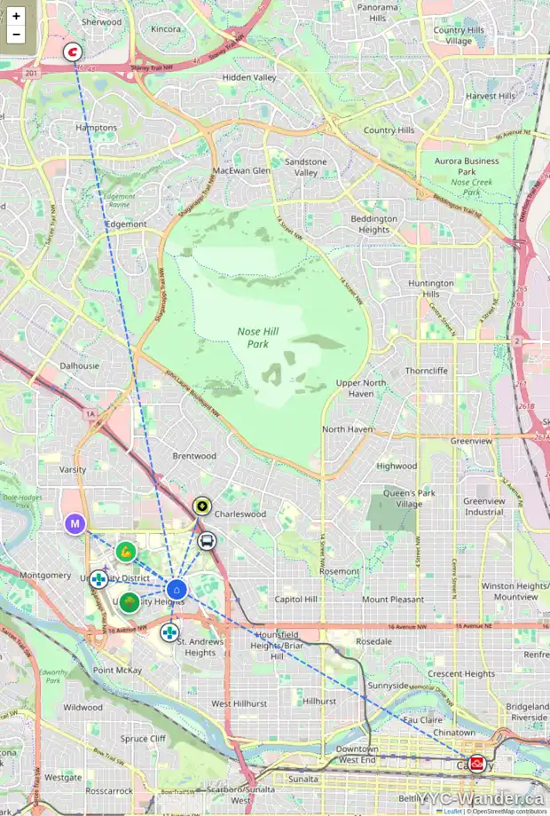 Daily accessibility map for 2408 UDELL RD NW, Calgary showing nearby schools, grocery stores, parks, LRT stations and nearby amenities